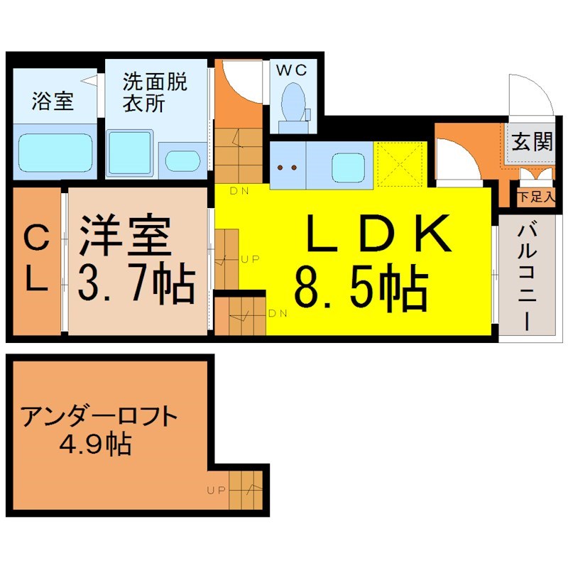 カーバンクル 間取図　ＬＤＫ8.5帖　洋室3.7帖　アンダーロフト4.9帖