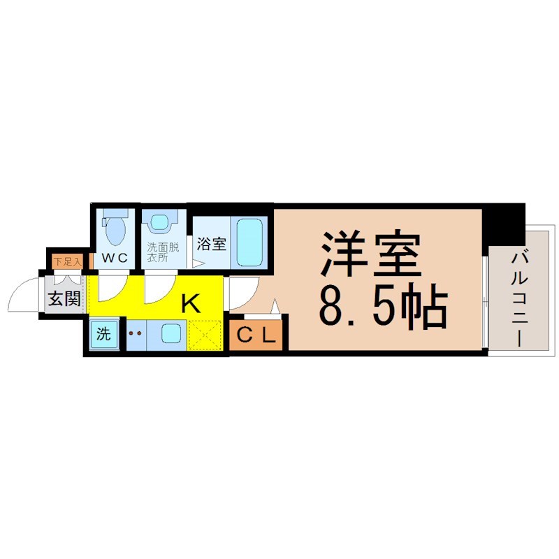 プレサンス大須観音駅前 間取図　洋室8.5帖　脱衣洗面所　バルコニー