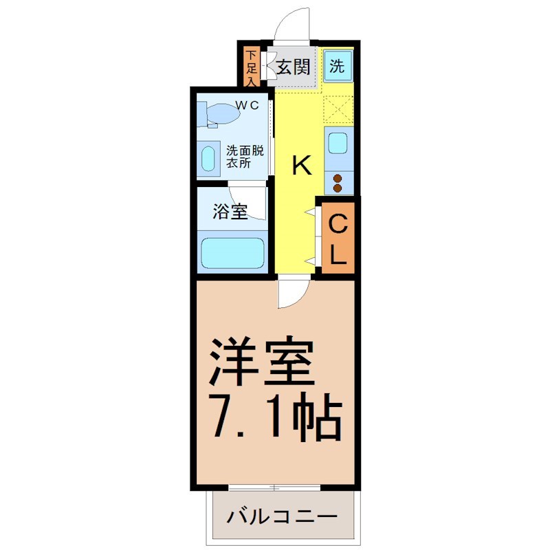 ＥＲＵＺＡＢＬＤＧ.名古屋駅前（エルザビル名古屋駅前） 間取図　洋室7.1帖　脱衣洗面所　バルコニー