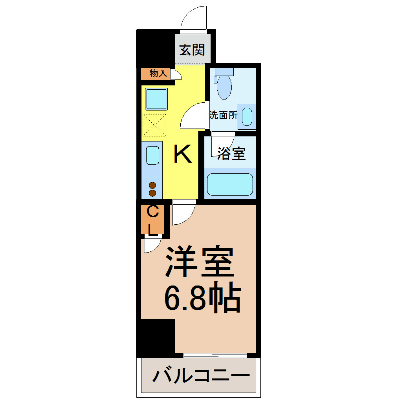 ＥＲＵＺＡＢＬＤＧ.名古屋駅前（エルザビル名古屋駅前） 間取図　洋室6.8帖　脱衣洗面所　バルコニー