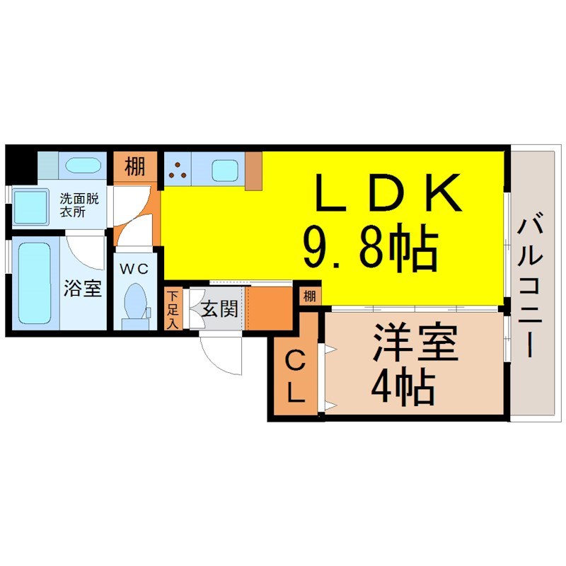 ヒールコートII 間取図　ＬＤＫ9.8帖　洋室4帖　脱衣洗面所　バルコニー