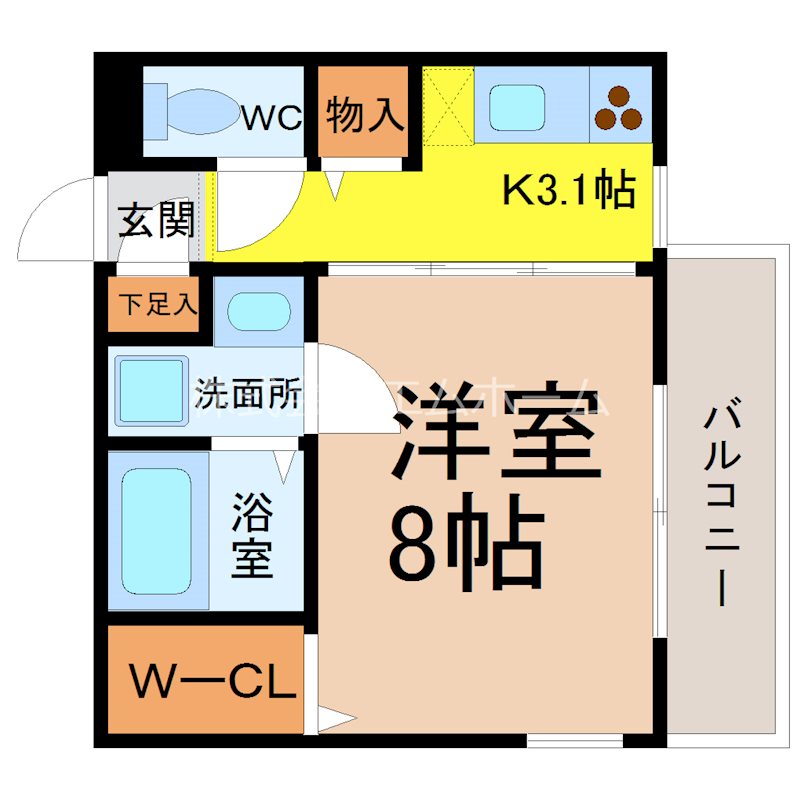 コートフクトク 間取図　ウォークインクローゼット付　家具家電（冷蔵庫・レンジ・洗濯機等）ご用意できます