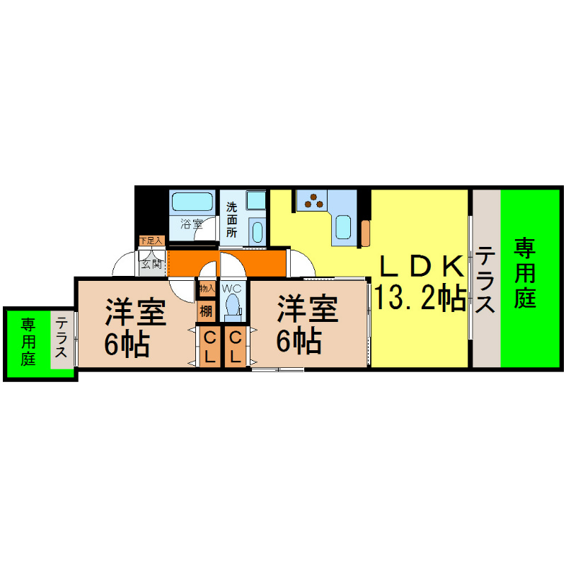 Ｌａｔａｍｉｄｅｎｃｅ駒止（ラタミデンス駒止） 間取図　ＬＤＫ13.2帖　クローゼット2ヶ所　南面バルコニー