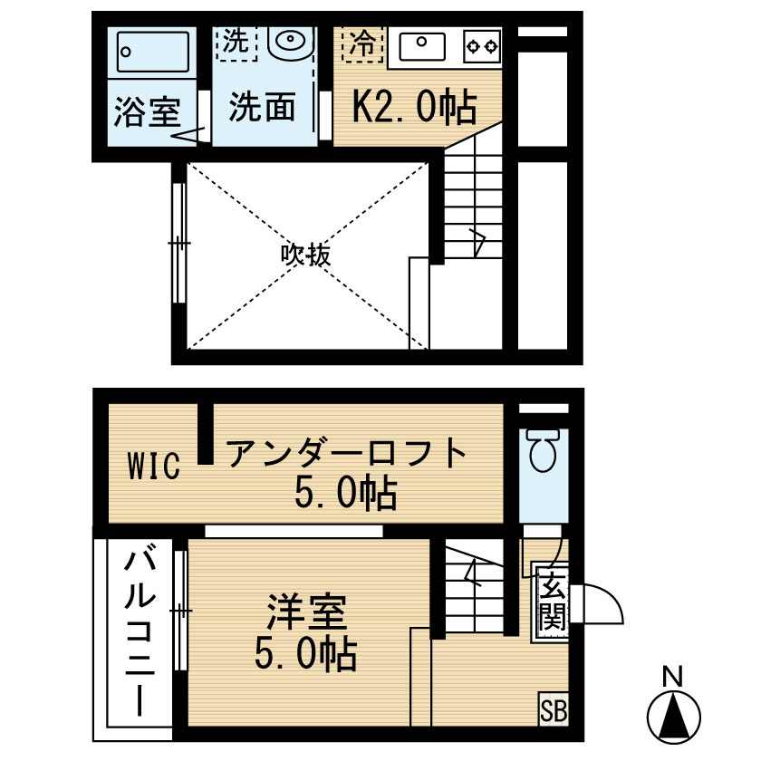 グレイス 間取り　洋室5帖　アンダーロフト5帖　脱衣洗面所　バルコニー
