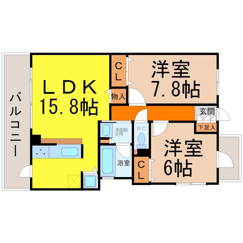 ｗｉｌｌＤｏ伝馬町 間取図　ＬＤＫ15.8帖　洋室2部屋　南面バルコニー　
