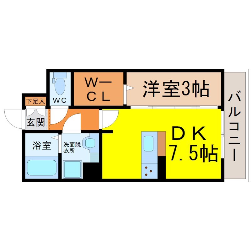 ベルエア御器所 間取図　ＤＫ7.5帖　洋室3帖　ウォークインクローゼット
