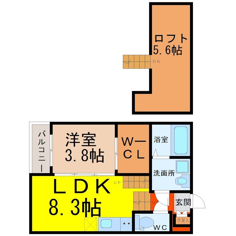 メゾン・シャドール名駅南 間取図　ＬＤＫ8.3帖　洋室3.8帖　ロフト付き　脱衣洗面所