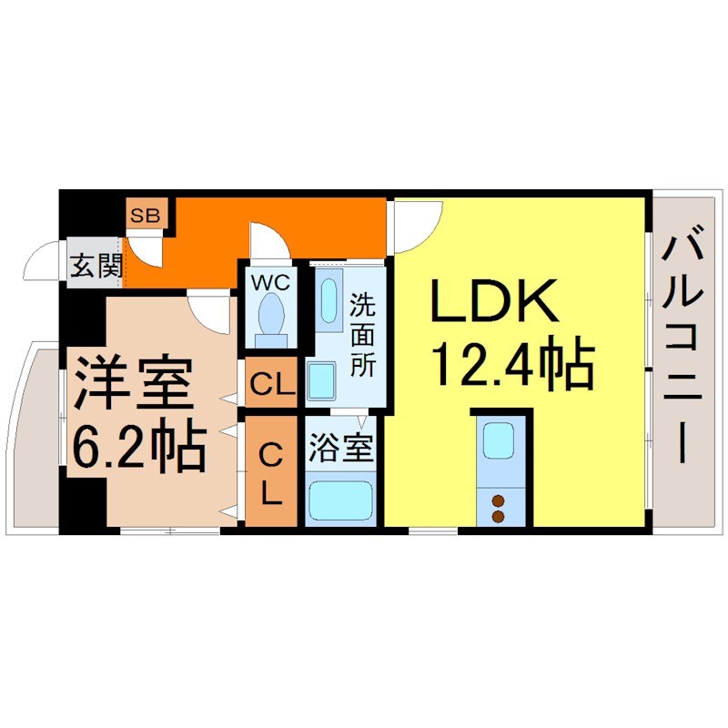 セントラルコート千代田 間取図　ＬＤＫ12.4帖　洋室6.2帖　南面バルコニー