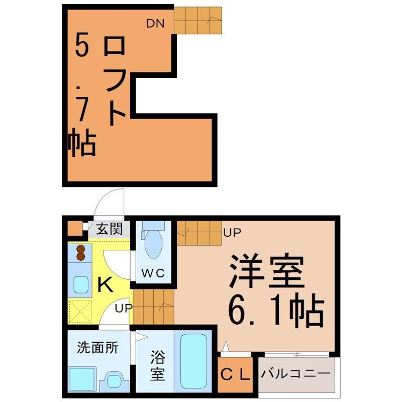 Ａｎｇｅａｉｌｅ（アンジュエール） 間取図　洋室6.1帖　ロフト5.7帖　脱衣洗面所　バルコニー