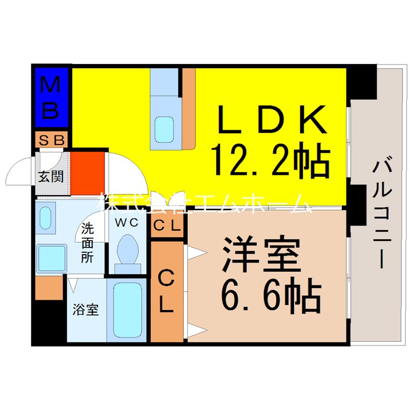 ウィステリアパーク 間取図　ＬＤＫ12.2帖　洋室6.6帖　脱衣洗面所