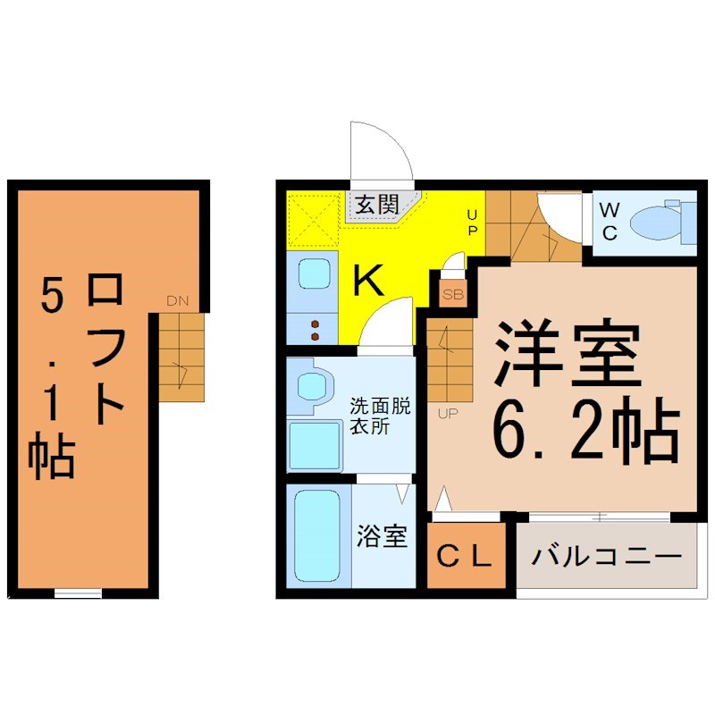 ＨＵＭＭＩＮＧＬＩＦＥ中村区役所 間取り　洋室6.2帖　ロフト5.1帖　脱衣洗面所　バルコニー