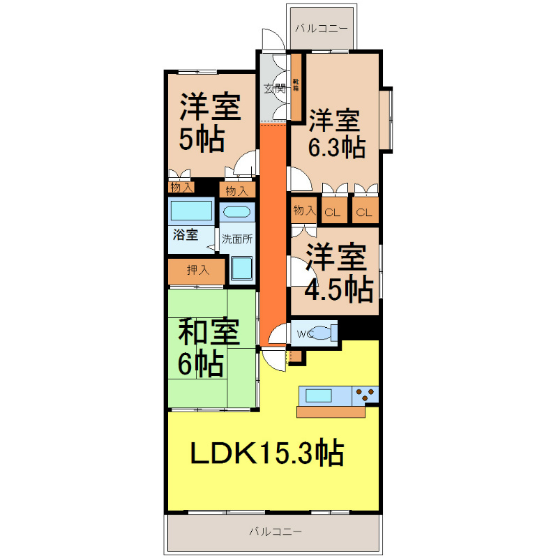 レジディア泉 間取図　ＬＤＫ15.3帖　洋室3部屋　和室1部屋　設備充実