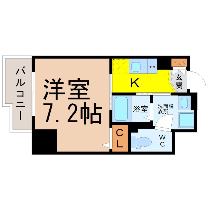 ＬｉｖｅＣａｓａ金山 間取図　洋室7.2帖　脱衣洗面所　クローゼット付　バルコニー
