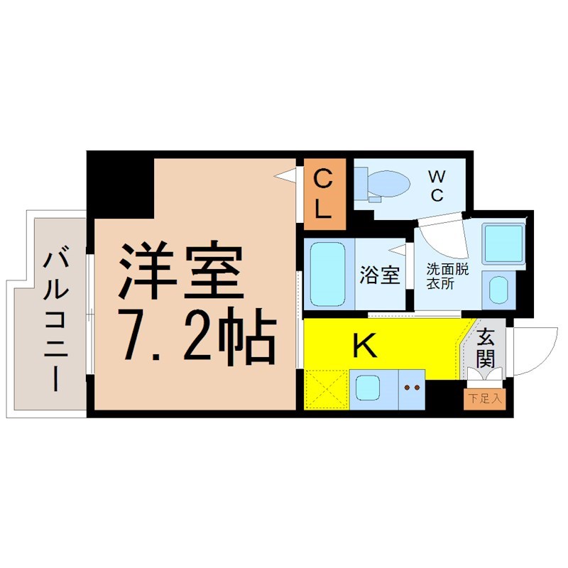 ＬｉｖｅＣａｓａ金山 間取図　洋室7.2帖　脱衣洗面所　クローゼット付　バルコニー