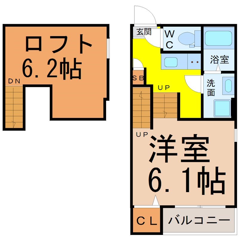 ｓｔａｇｅ八熊 間取図　洋室6.1帖　ロフト6.2帖　脱衣洗面所　バルコニー