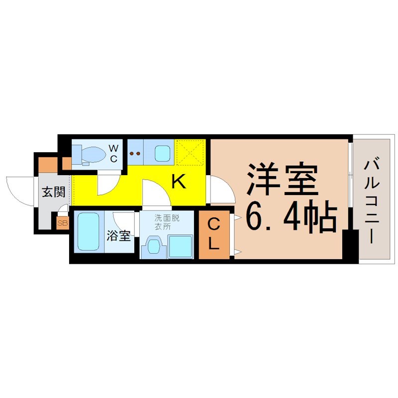 スカイホース 間取図　洋室6.4帖　脱衣洗面所　クローゼット付　バルコニー