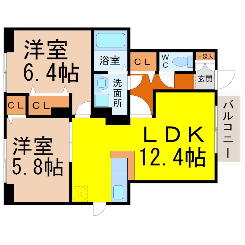 エスペランサ内山 間取図　ＬＤＫ12.4帖　脱衣洗面所　南面バルコニー