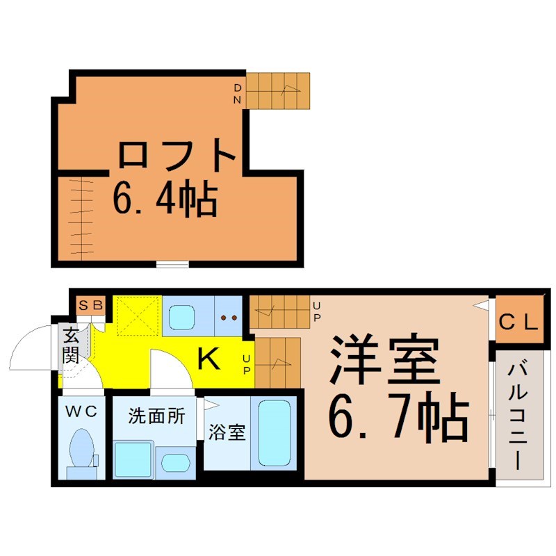 ＦＡＭＩＬＹ　ＳＴＡＧＥ本笠寺（ファミリーステージ本笠寺） 間取図　洋室6.7帖　ロフト6.4帖　脱衣洗面所　バルコニー