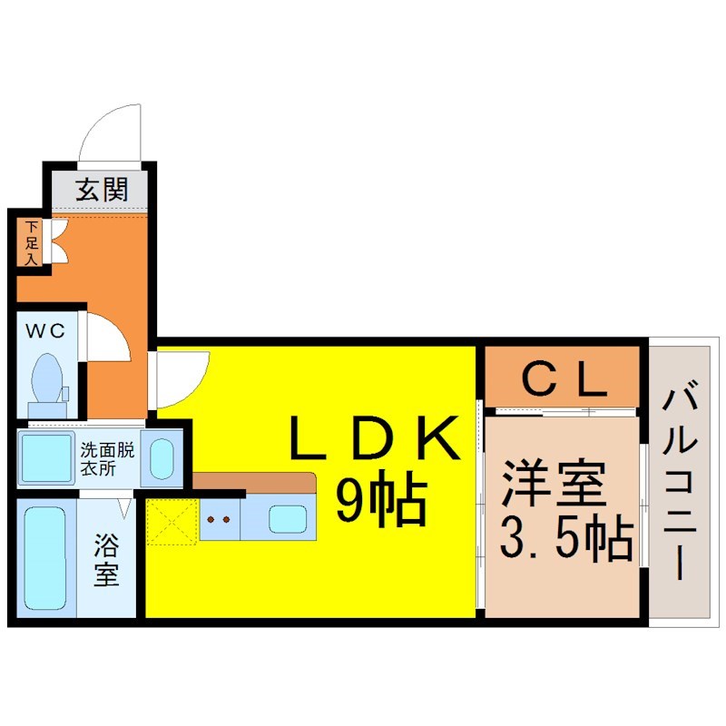 ＦＳ　ＣＲＥＡＲＴ　ＧＯＫＩＳＯ 間取図　ＬＤＫ9帖　洋室3.5帖　脱衣洗面所　バルコニー