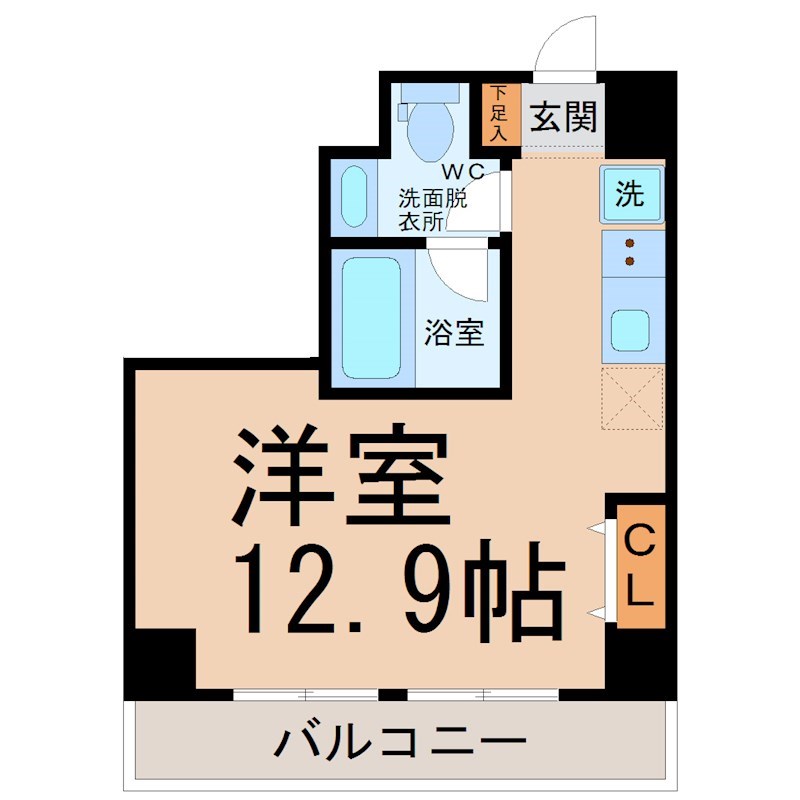 ラッフル新栄 間取図　洋室12.9帖　南向きバルコニー