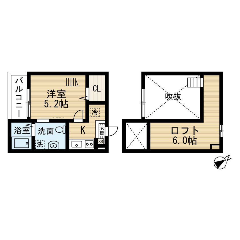 プレリュード左京山 間取り　洋室5.2帖　ロフト6帖　脱衣洗面所　バルコニー