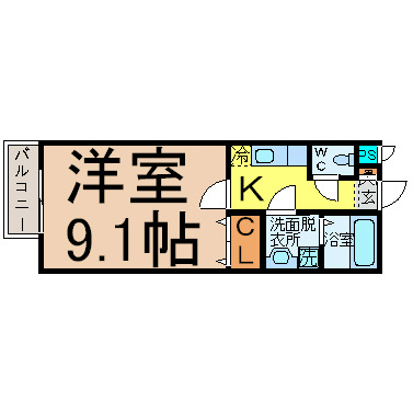 ネィフィオーレ 間取り図　洋室9.1帖　家電（冷蔵庫レンジ洗濯機等）ご用意できます