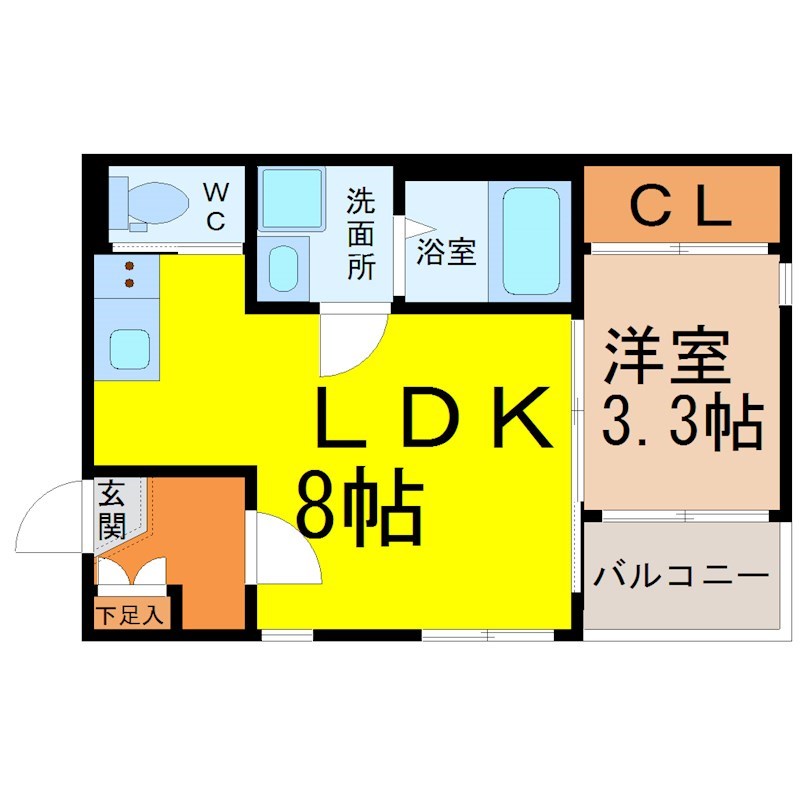 ハーモニーテラス城東町II 間取図　ＬＤＫ8帖　洋室3.3帖　脱衣洗面所　バルコニー