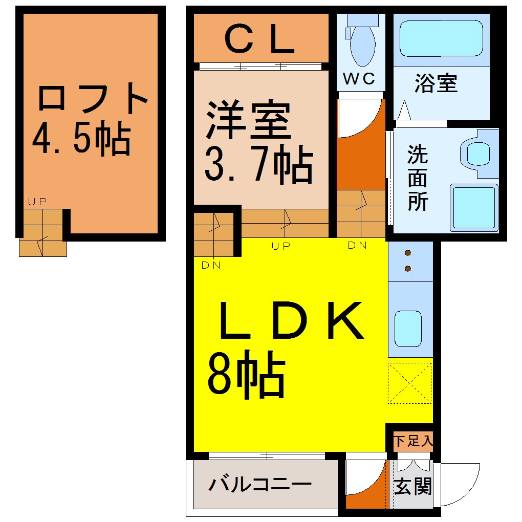 アルファート白金 間取図　ＬＤＫ8帖　洋室3.7帖　アンダーロフト4.5帖
