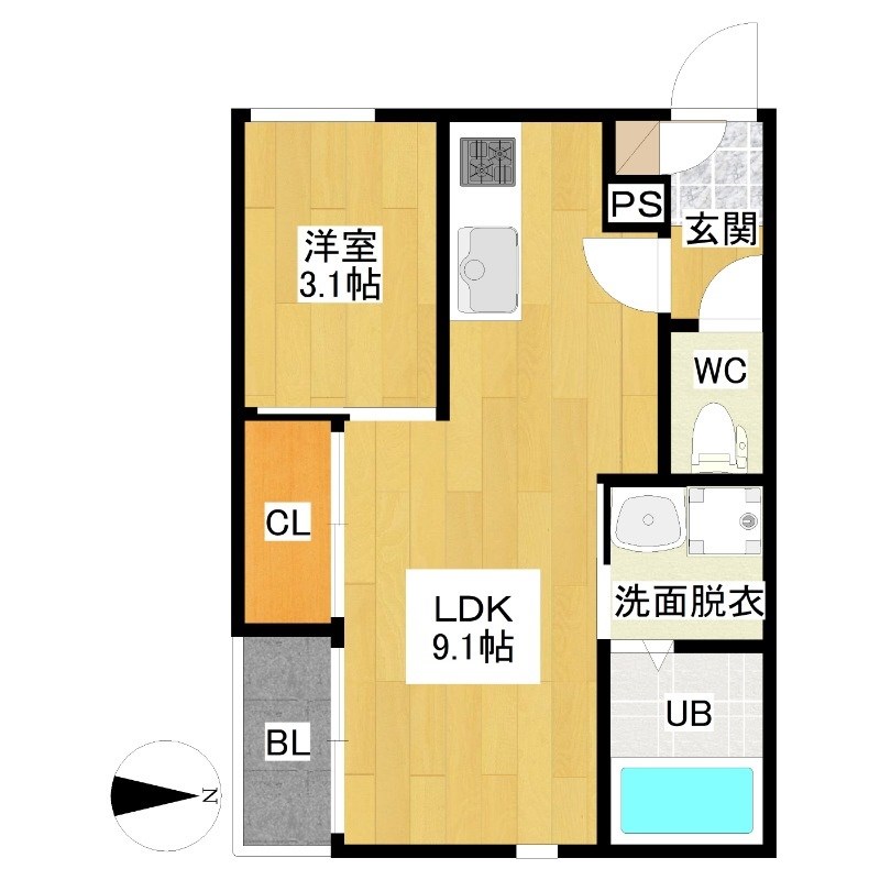 Ｇｒａｎｄｔｉｃ　Ｄ 間取図　ＬＤＫ9.1帖　洋室3.1帖　脱衣洗面所　バルコニー