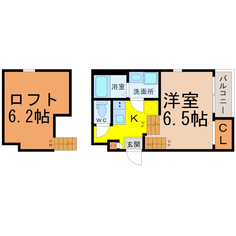 ＢｅｌｌｅＰｌｕｍｅ（ベレプリューム） 間取図　洋室6.5帖　ロフト6.2帖　脱衣洗面所