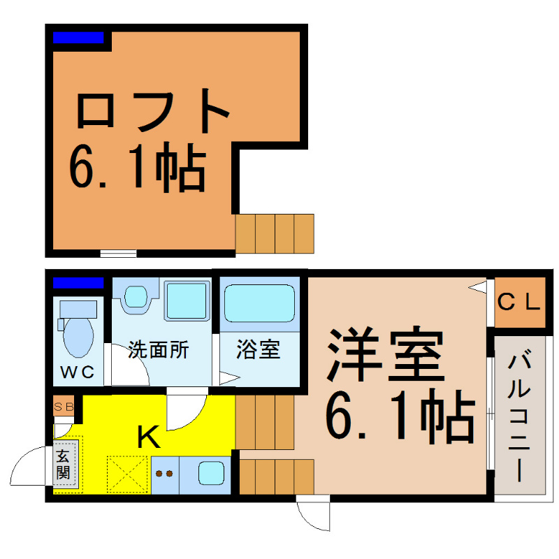 ハーモニーテラス白金 間取図　洋室6.1帖　ロフト6.1帖　脱衣洗面所　バルコニー