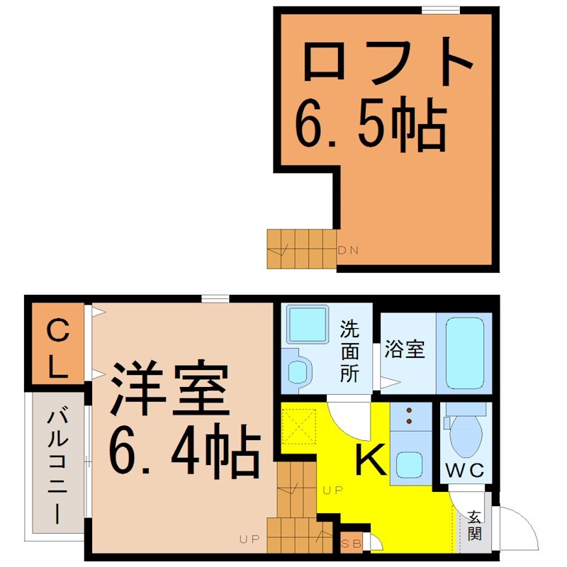 カーサルーチェＷ 間取図　洋室6.4帖　ロフト6.5帖　脱衣洗面所