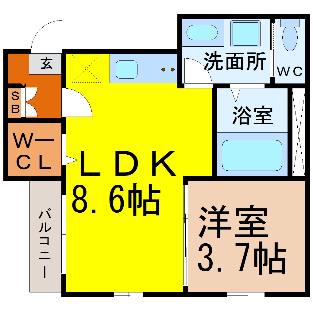 ハーモニーテラス松原町 間取図　LDK8.6帖　洋室3.7帖