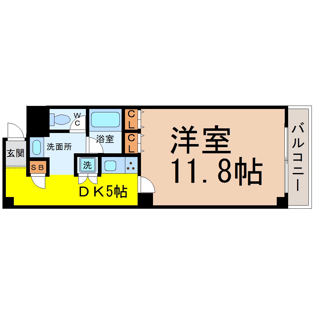 イルソーレ 間取図　洋室11.8帖　独立洗面台　バルコニー
