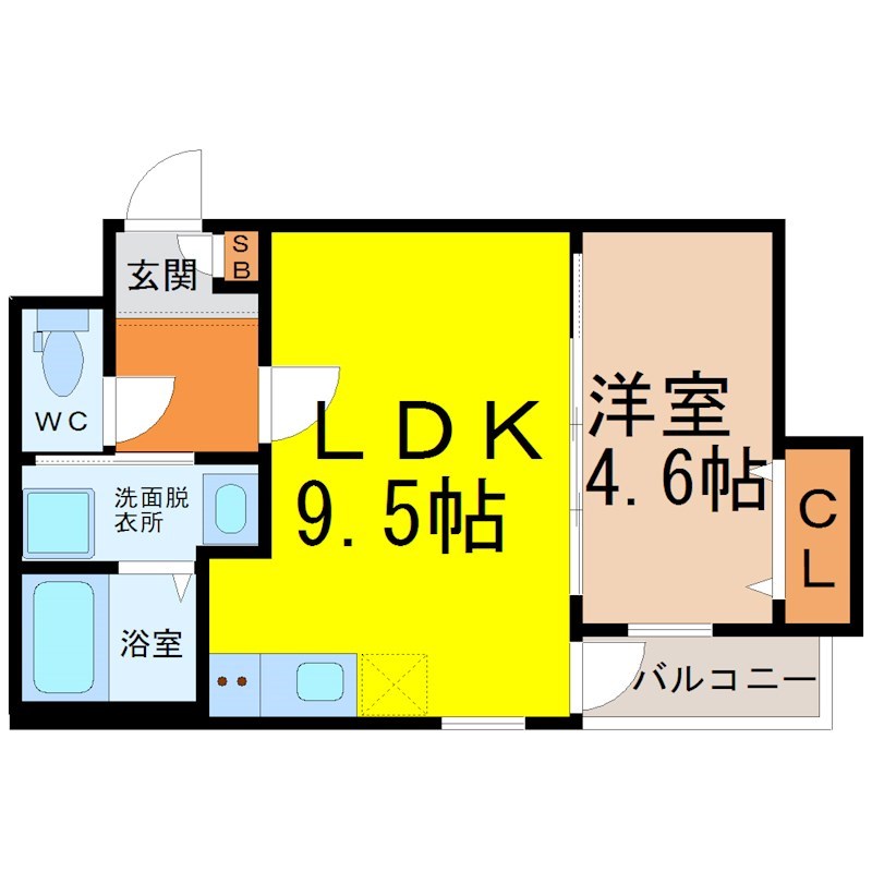 ＭＯＶＥ堀田 間取図　ＬＤＫ9.5帖　洋室4.6帖　脱衣洗面所　バルコニー