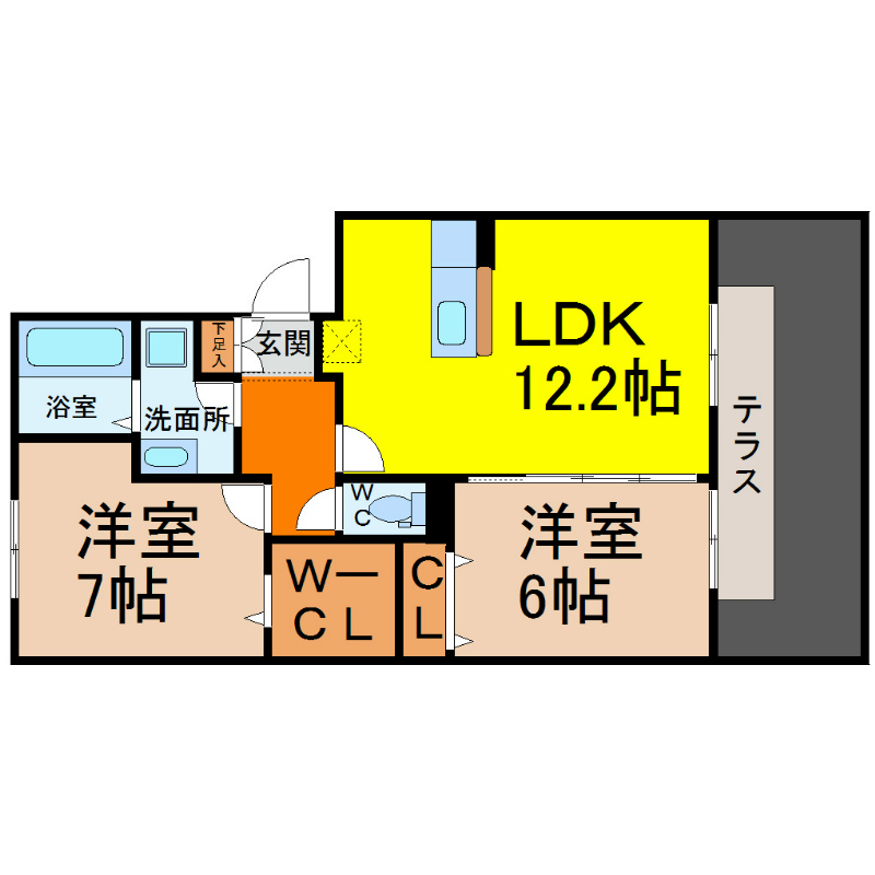 ラフィーネ野立 間取図　LDK12.2帖　洋室×2　専用庭付き