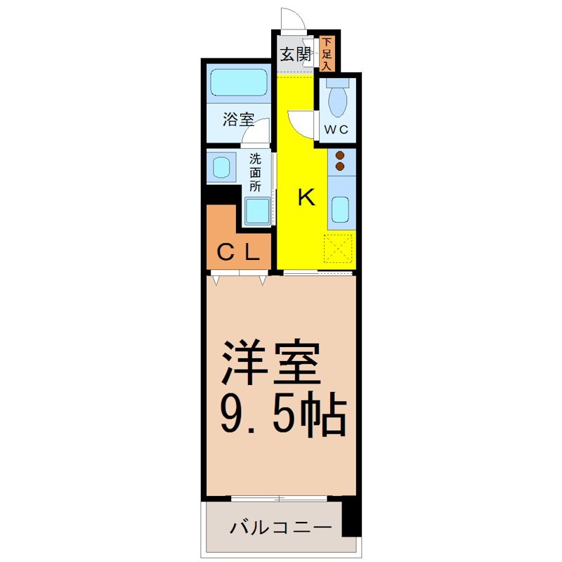 ＣＡＳＴＥＬＬＯＬＵＳＳＯ（カステロルッソ） 間取図　洋室9.5帖　脱衣洗面所　バルコニー