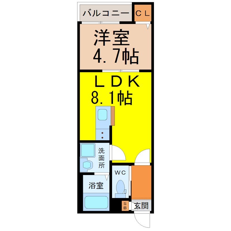 Ａｍｏｒｅみずほ 間取り　ＬＤＫ8.1帖　洋室4.7帖　脱衣洗面所　バルコニー