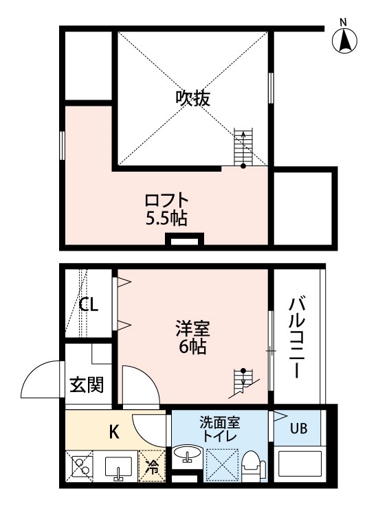 キュリオシティ 間取図　洋室6帖　ロフト5.5帖　脱衣洗面所　バルコニー