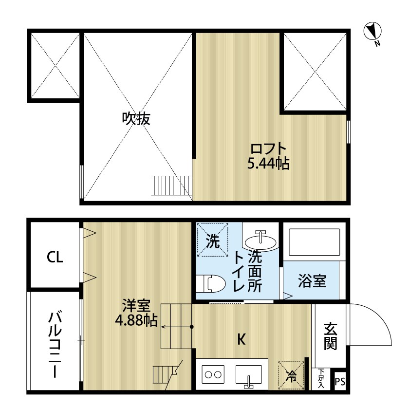 Ａｒｉｅｓ（アリエス） 間取図　洋室4.8帖　ロフト5.4帖　脱衣洗面所　バルコニー