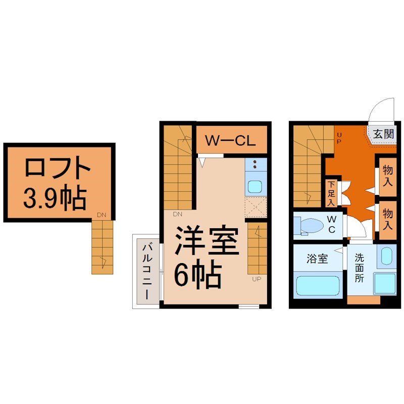 ハーモニーテラス露橋II 間取図　洋室6帖　ロフト3.9帖　脱衣洗面所　バルコニー