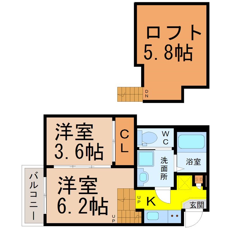 ヴィオラ大幸 間取図　洋室6.2帖　洋室3.6帖　ロフト付　脱衣洗面所