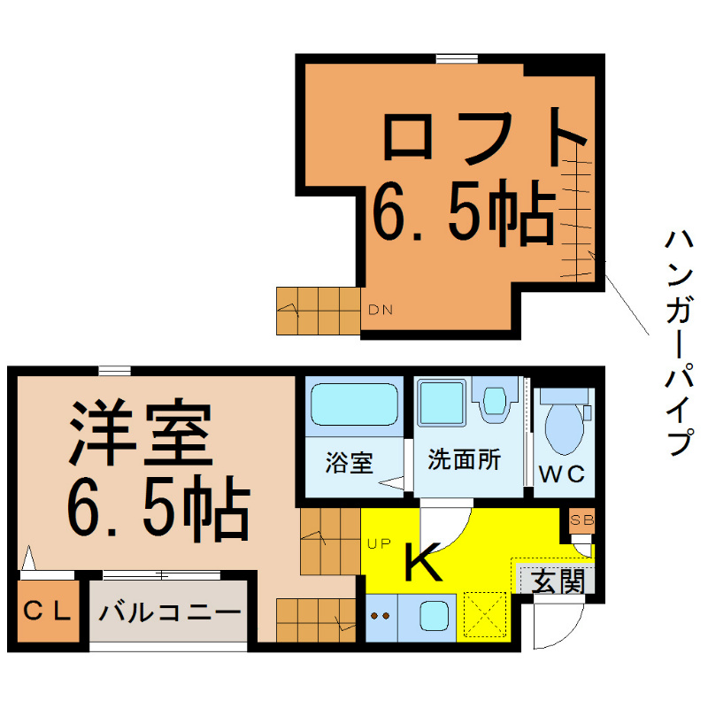 ＥＳＰＡＣＩＯ今池（エスパシオ今池） 間取図　洋室6.5帖　ロフト6.5帖　脱衣洗面所　バルコニー