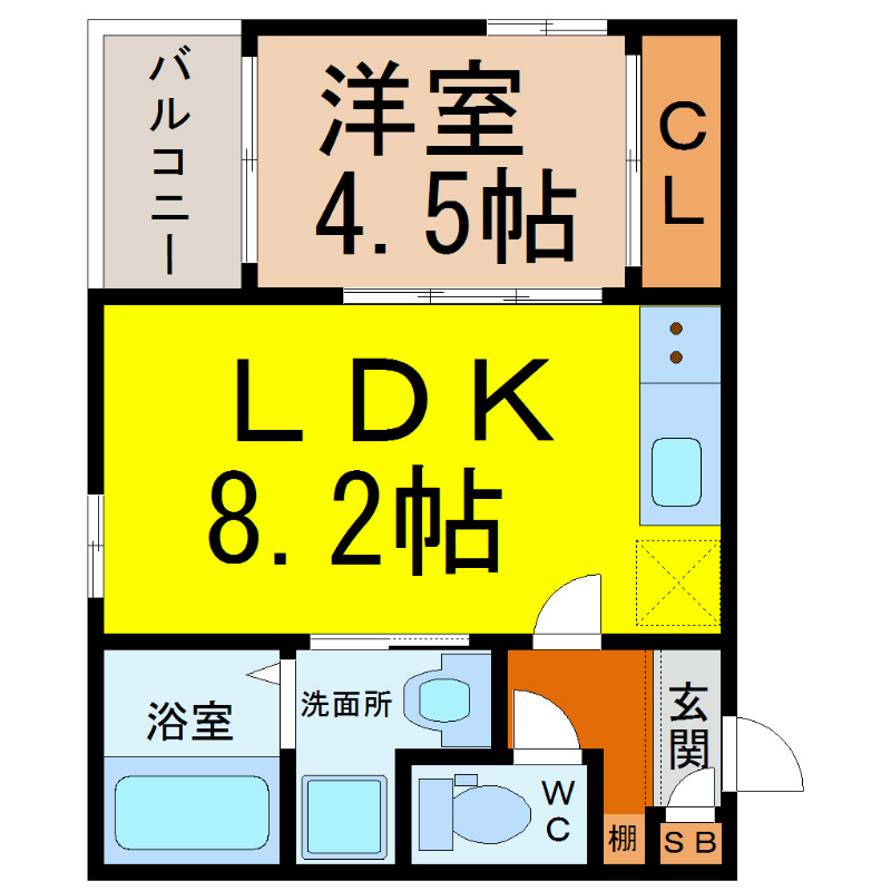 ｒｅｇａｌｅｓｔ　Ｓ（レガリストエス） 間取図　ＬＤＫ8.2帖　洋室4.5帖　脱衣洗面所　バルコニー
