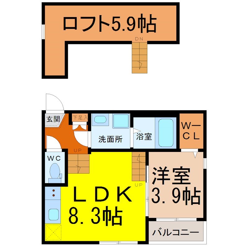 シエルクレア 間取図　ＬＤＫ8.3帖　洋室3.9帖　ロフト5.9帖