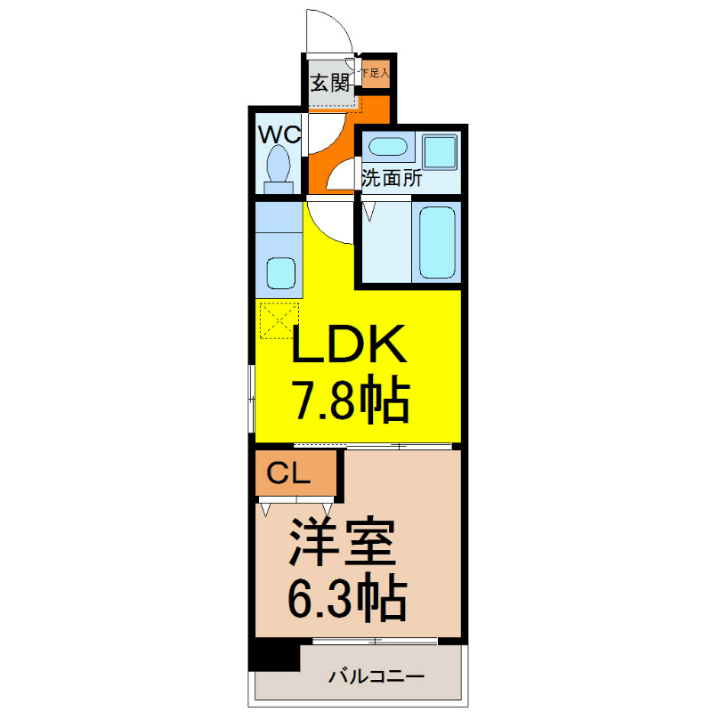 サンシアルザ上前津 間取図　ＬＤＫ7.8帖　洋室6.3帖