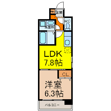 サンシアルザ上前津 間取図　ＬＤＫ7.8帖　洋室6.3帖