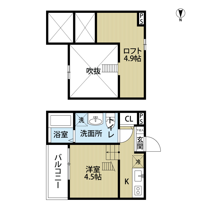 Ｌａｌｕｃｅ烏森 間取図　上段洋室4.5帖　ロフト4.9帖　家具家電ご用意できます