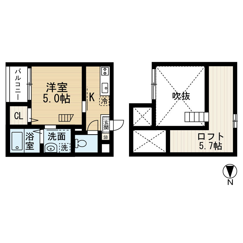 アンリュエ 間取り　洋室5帖　ロフト5.7帖　脱衣洗面所
