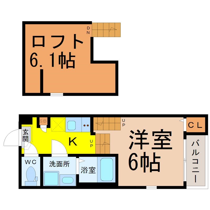 Ｋｅｙ　Ｐｏｉｎｔ（キーポイント） 間取図　洋室6帖　ロフト6.1帖　脱衣洗面所　バルコニー